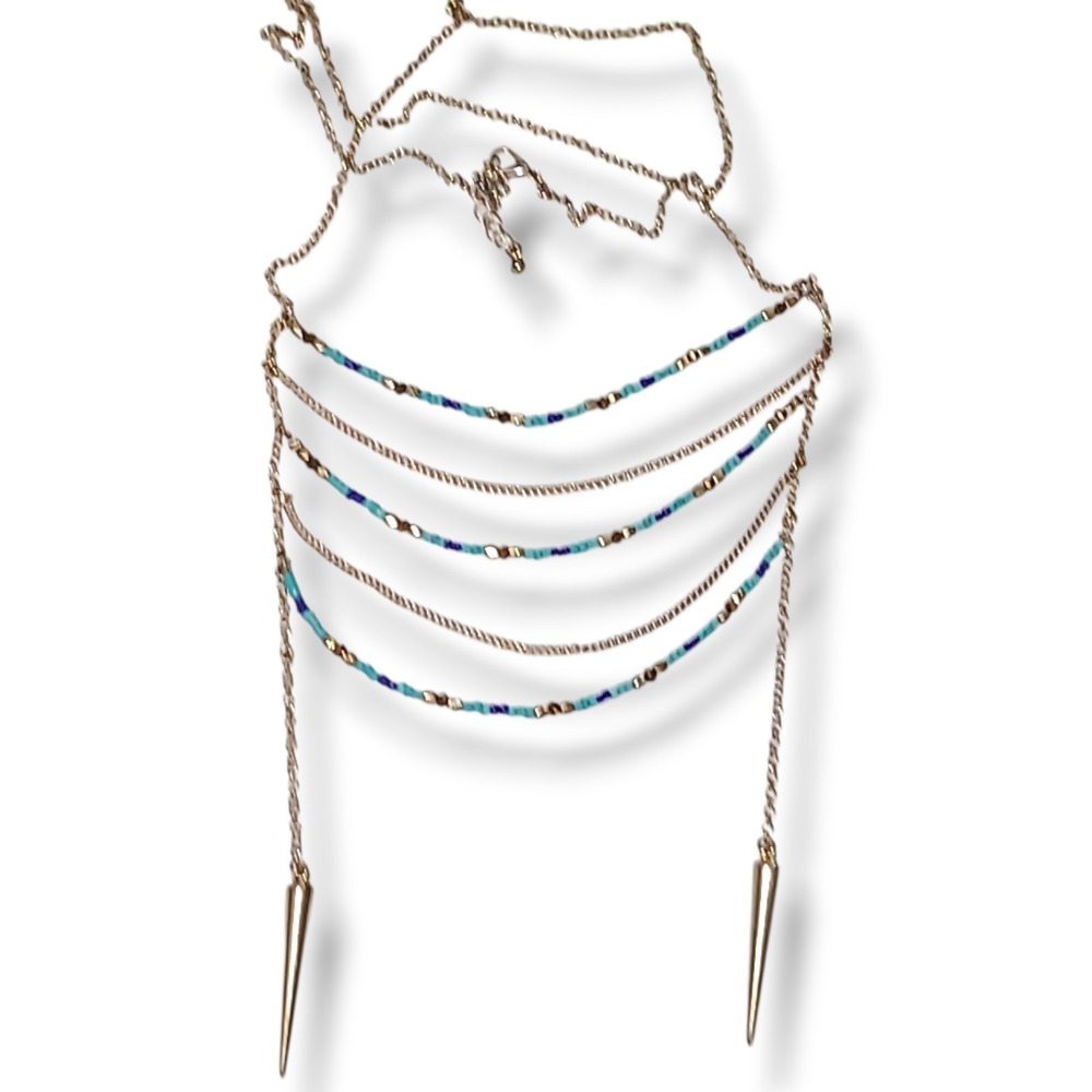 Boho Style Layered Gold‎ Tone Necklace Turquoise & Blue Seed Beads Statement 26"